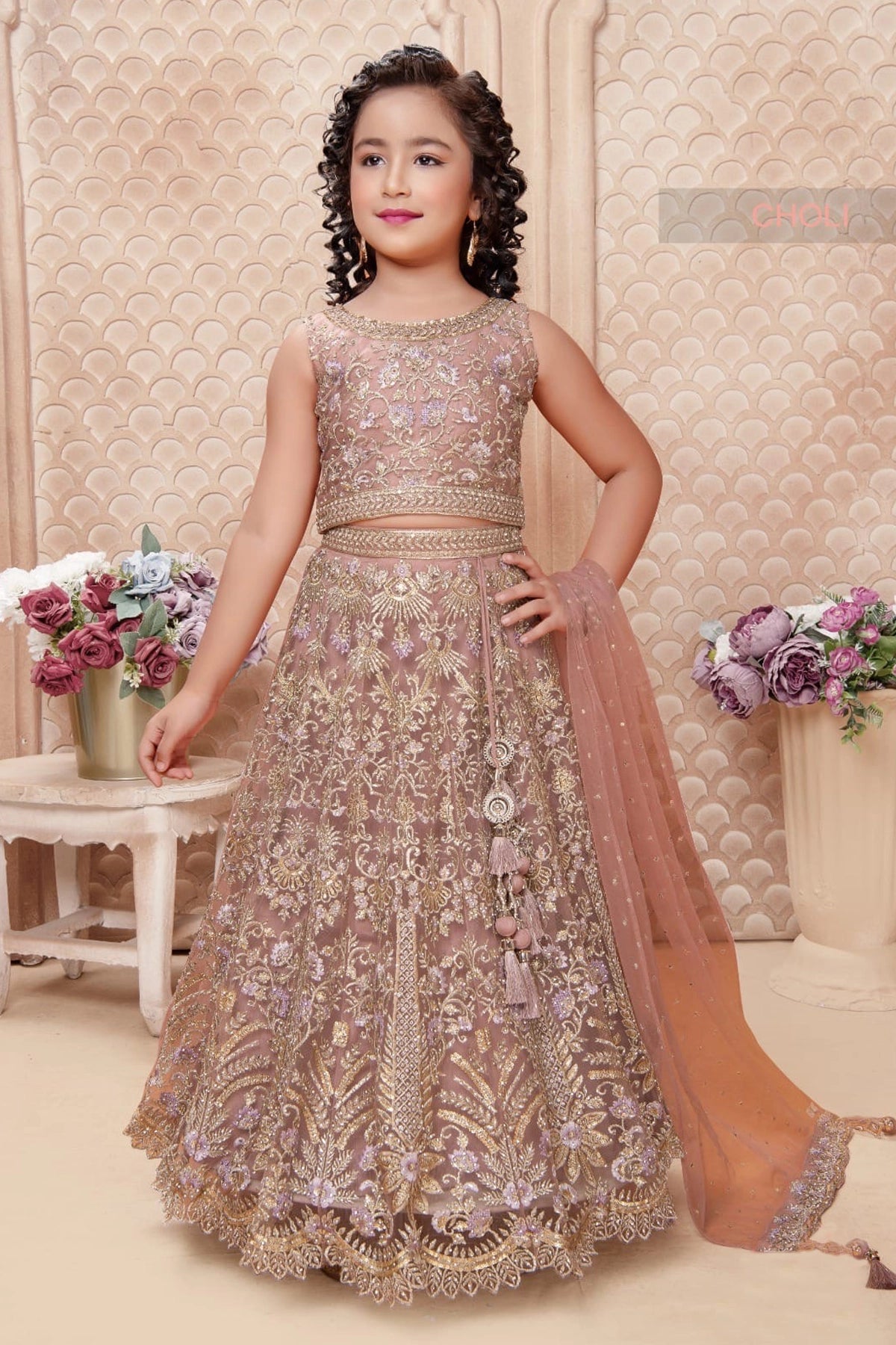 Blush Pink Girls Embroidered Net Lehenga Set