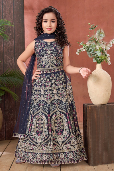  Navy Blue Girls Embroidered Net Lehenga Set 