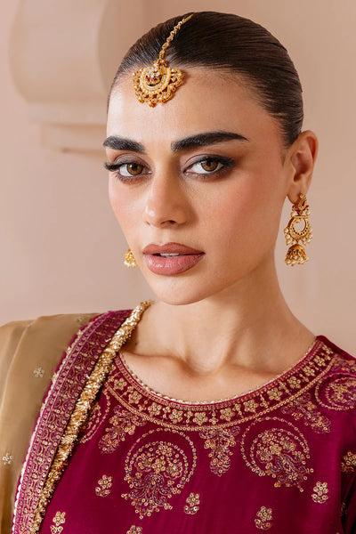 Woman wearing traditional maroon velvet suit gold embroidered with jewelry against a beige backgroundWoman wearing traditional maroon velvet suit gold embroidered with jewelry against a beige background