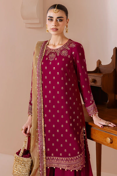 Woman wearing a maroon velvet embroidered traditional outfit with gold details indoors.Woman wearing a maroon velvet embroidered traditional outfit with gold details indoors.