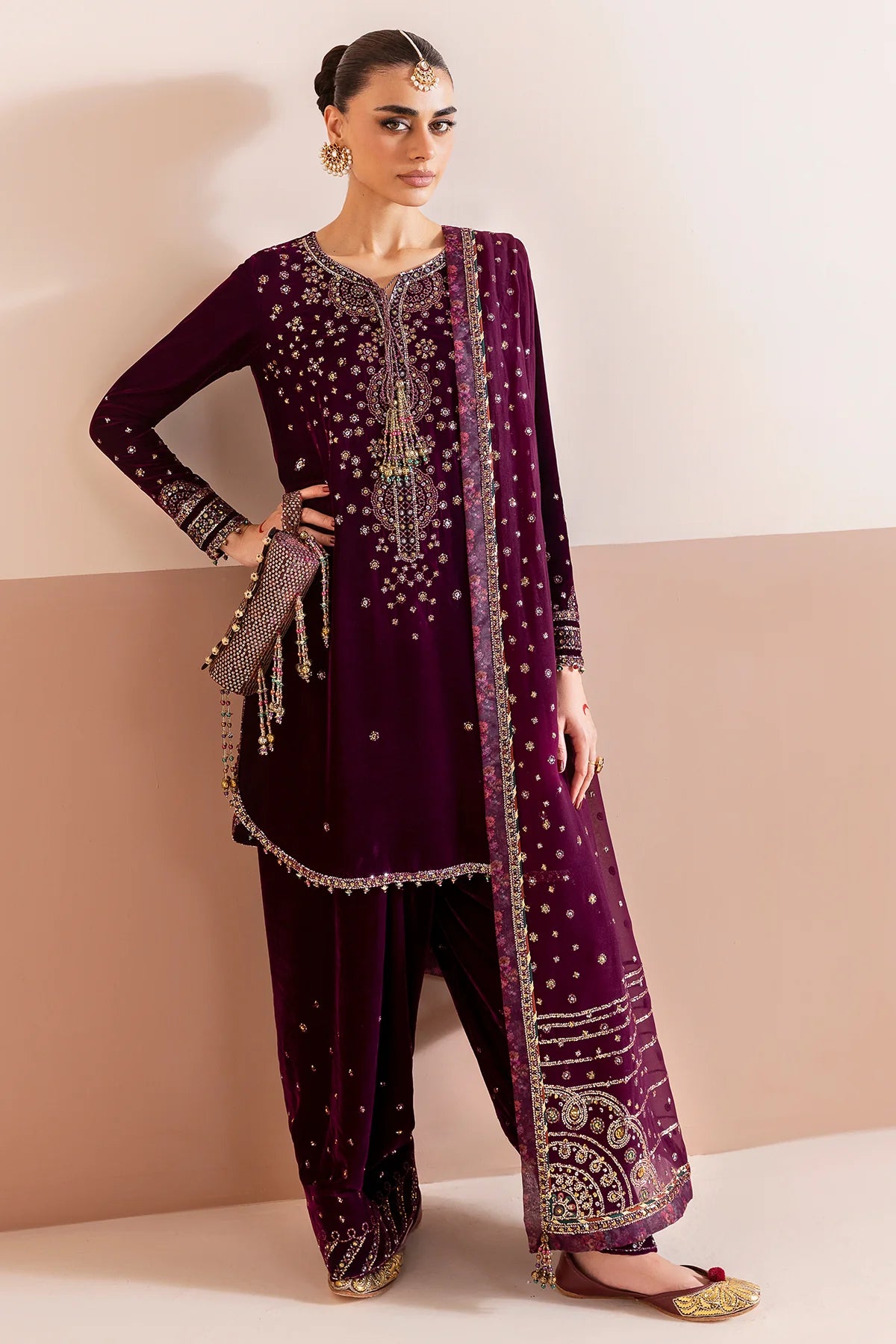 Purple Pure Velvet Farshi Salwar Suit