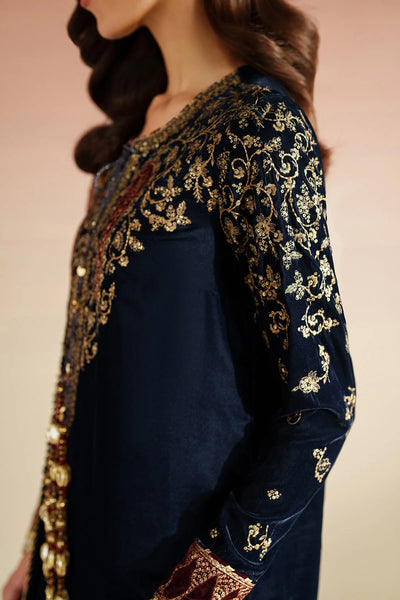 Navy blue outfit with gold embroidery on a beige backgroundNavy blue outfit with gold embroidery on a beige background