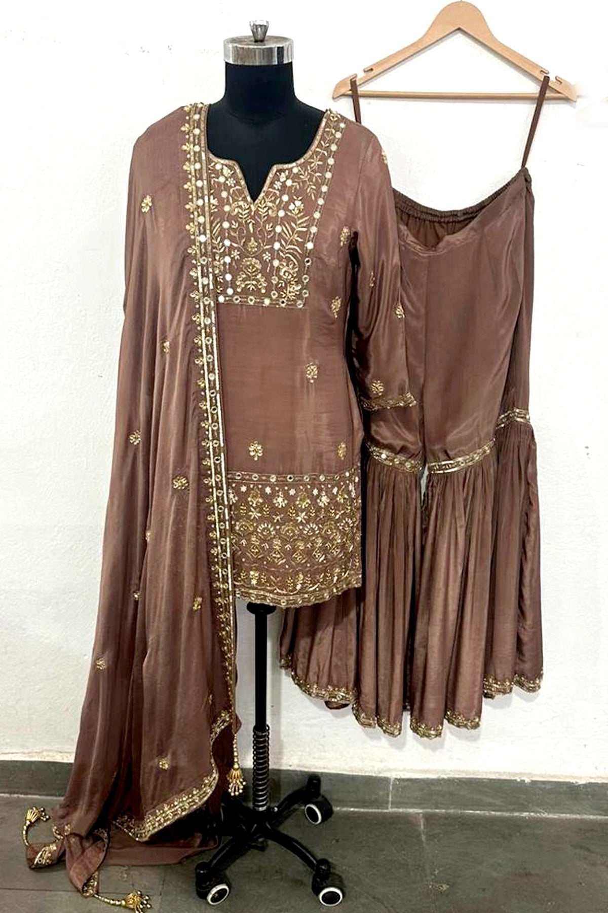 Brown embroidered traditional gharara suit outfit with dupatta 