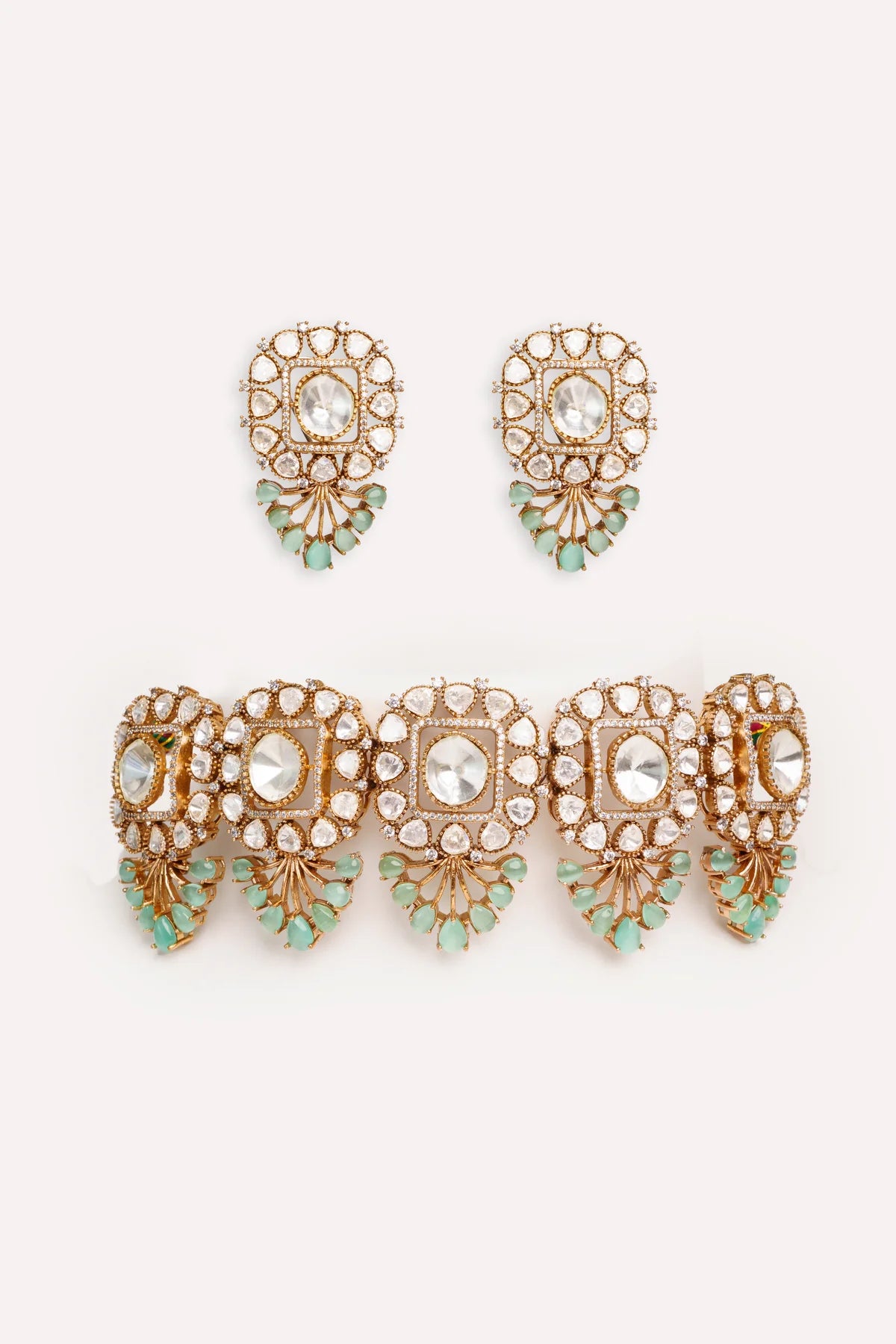 Gold Finish Mint Green Polki Choker Necklace Set