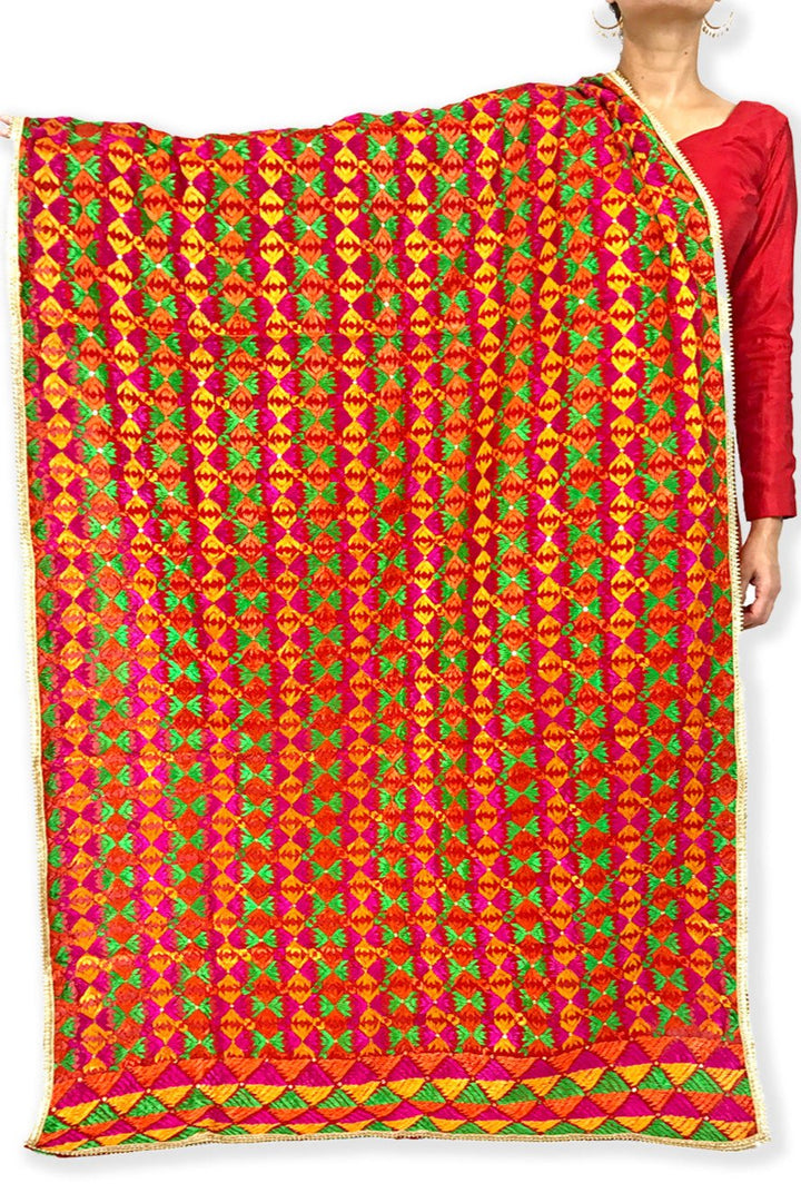 Golden,Red and Green colour hotsell Phulkari Dupatta