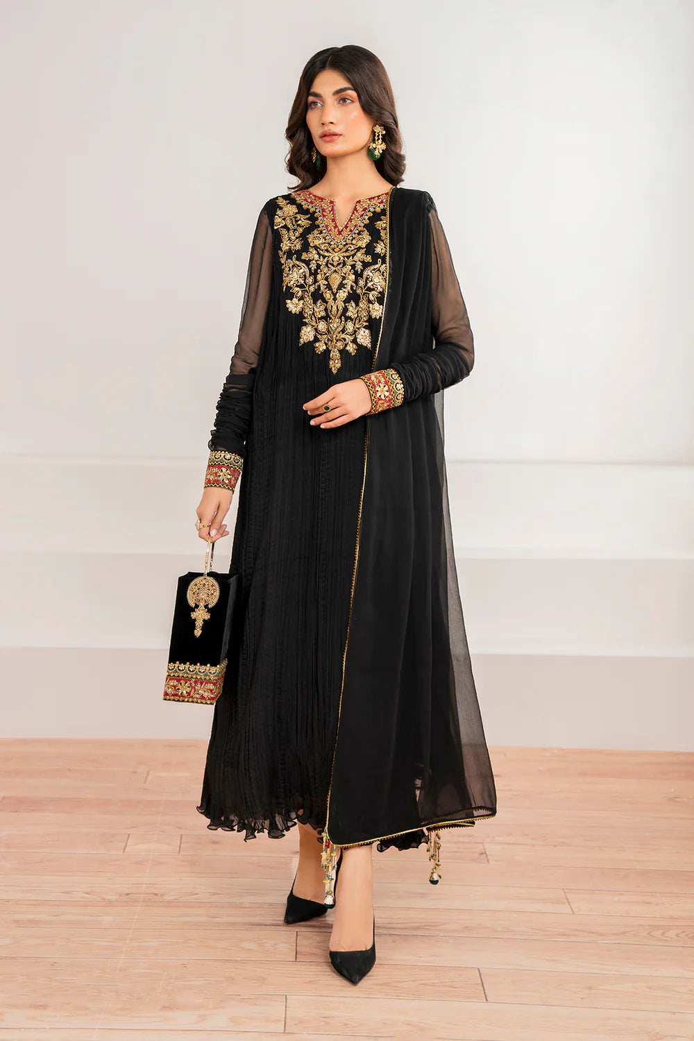 Buy Black Embroidered Chiffon Silk Crush Anarkali Set at PinkPhulkari