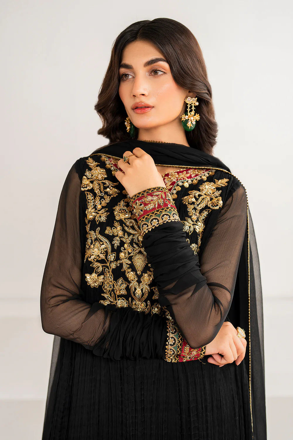 Buy Black Embroidered Chiffon Silk Crush Anarkali Set at PinkPhulkari