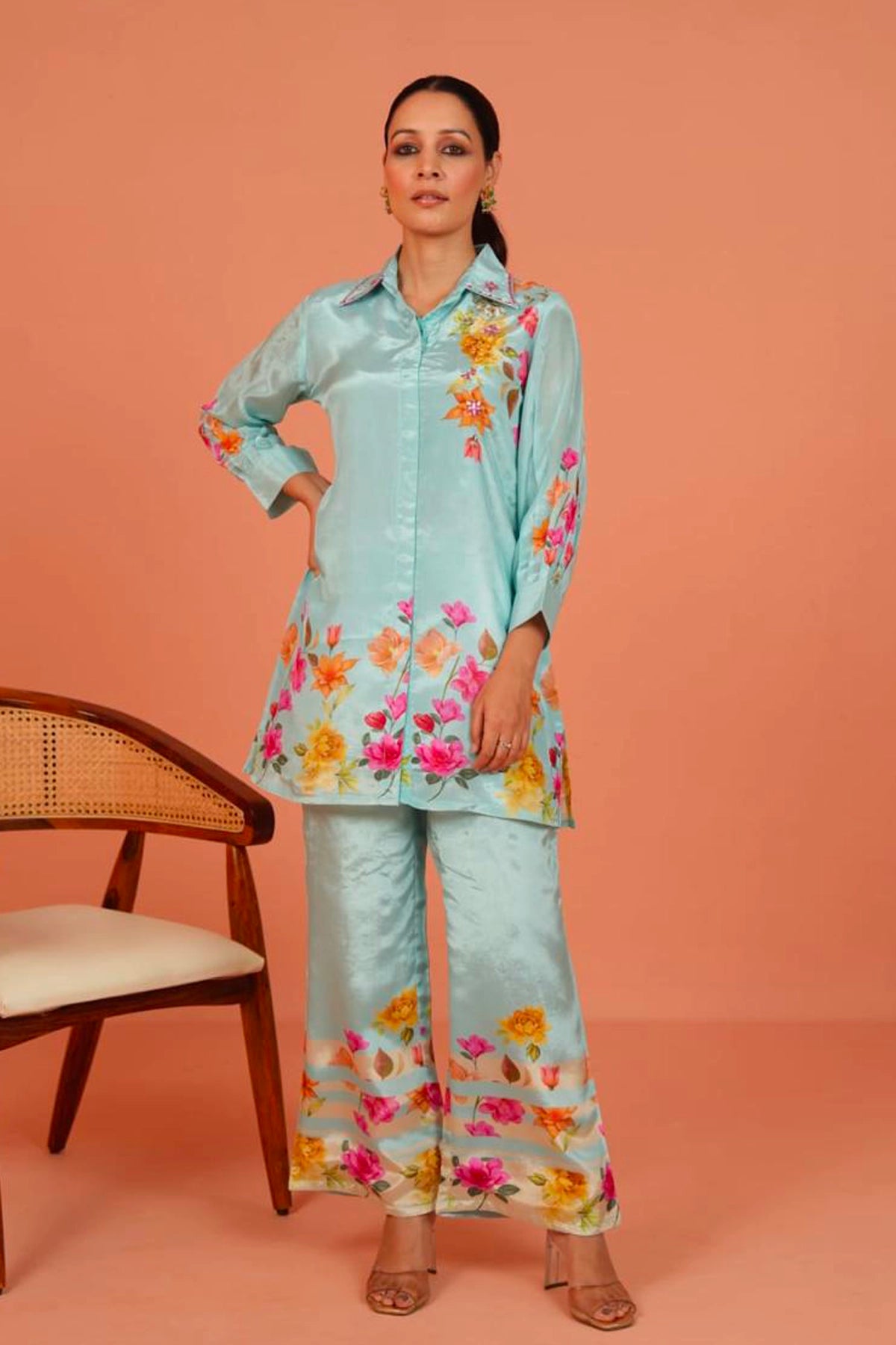 Buy Women's Blue Crepe Silk Floral Printed Co-Ord Set at PinkPhulkari