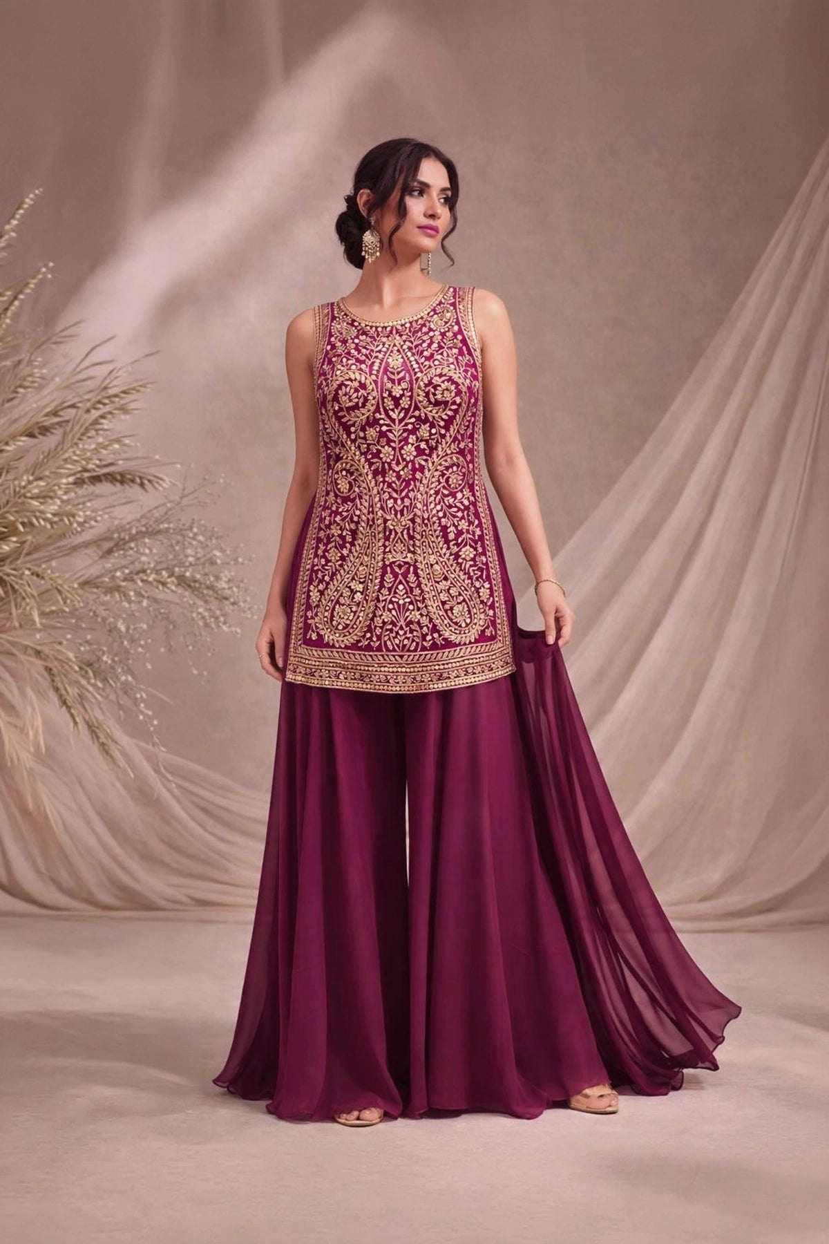 Buy Burgundy Embroidered High Slit Sharara Set Online | PinkPhulkari ...