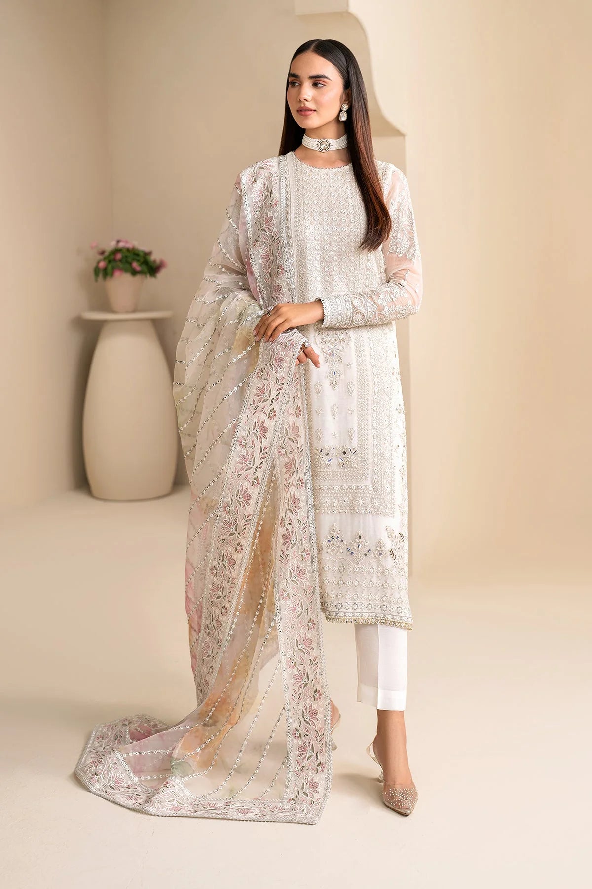 Buy Off White Embroidered Chiffon Silk Suit at PinkPhulkari