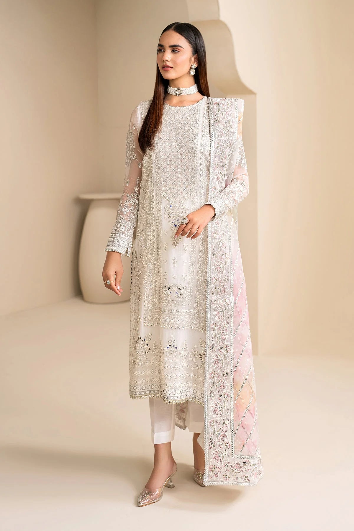 Buy Off White Embroidered Chiffon Silk Suit at PinkPhulkari