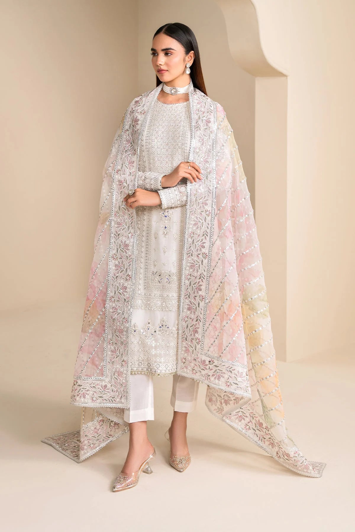 Buy Off White Embroidered Chiffon Silk Suit at PinkPhulkari