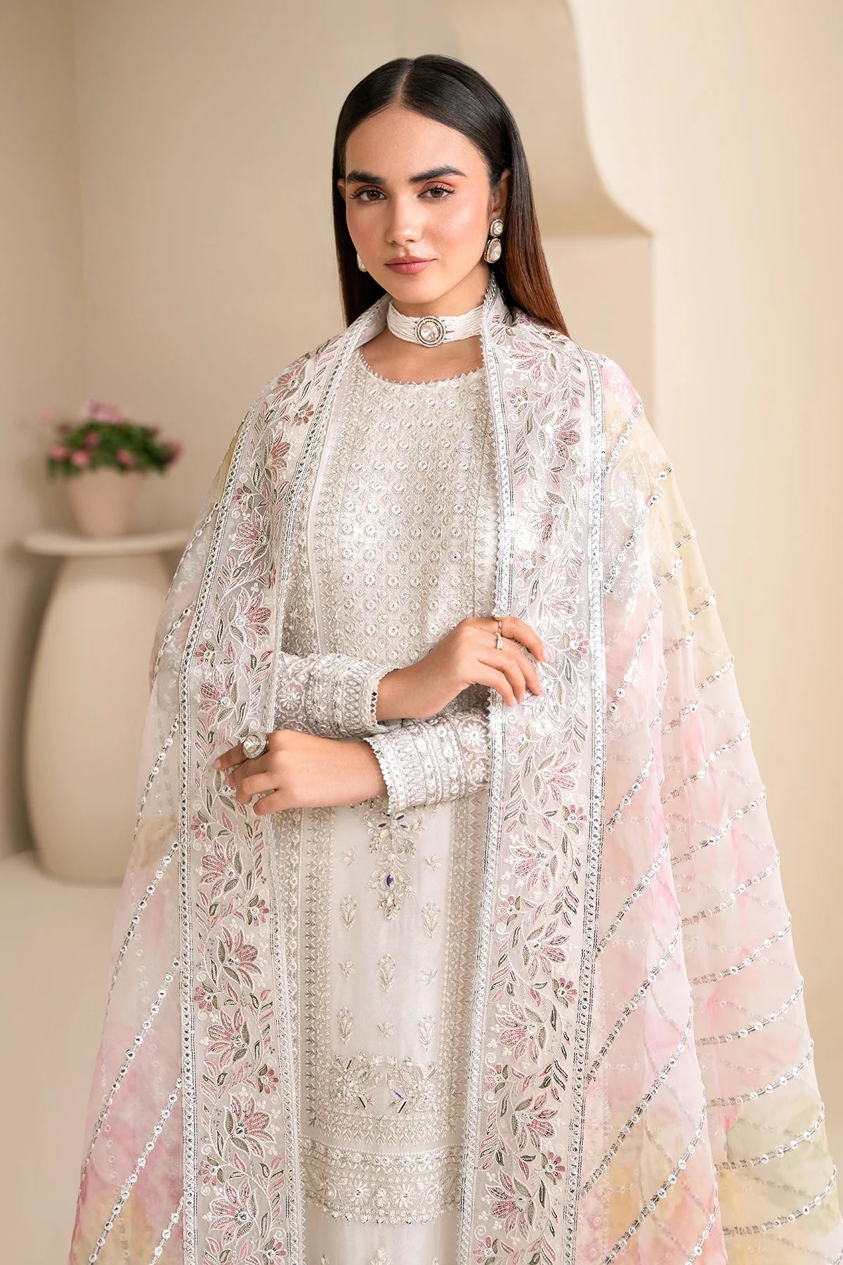 Buy Off White Embroidered Chiffon Silk Suit at PinkPhulkari