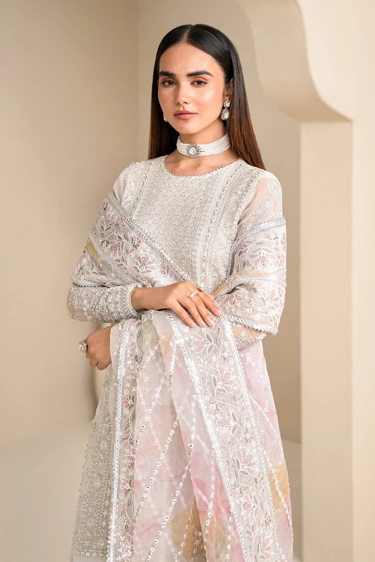 Buy Off White Embroidered Chiffon Silk Suit at PinkPhulkari