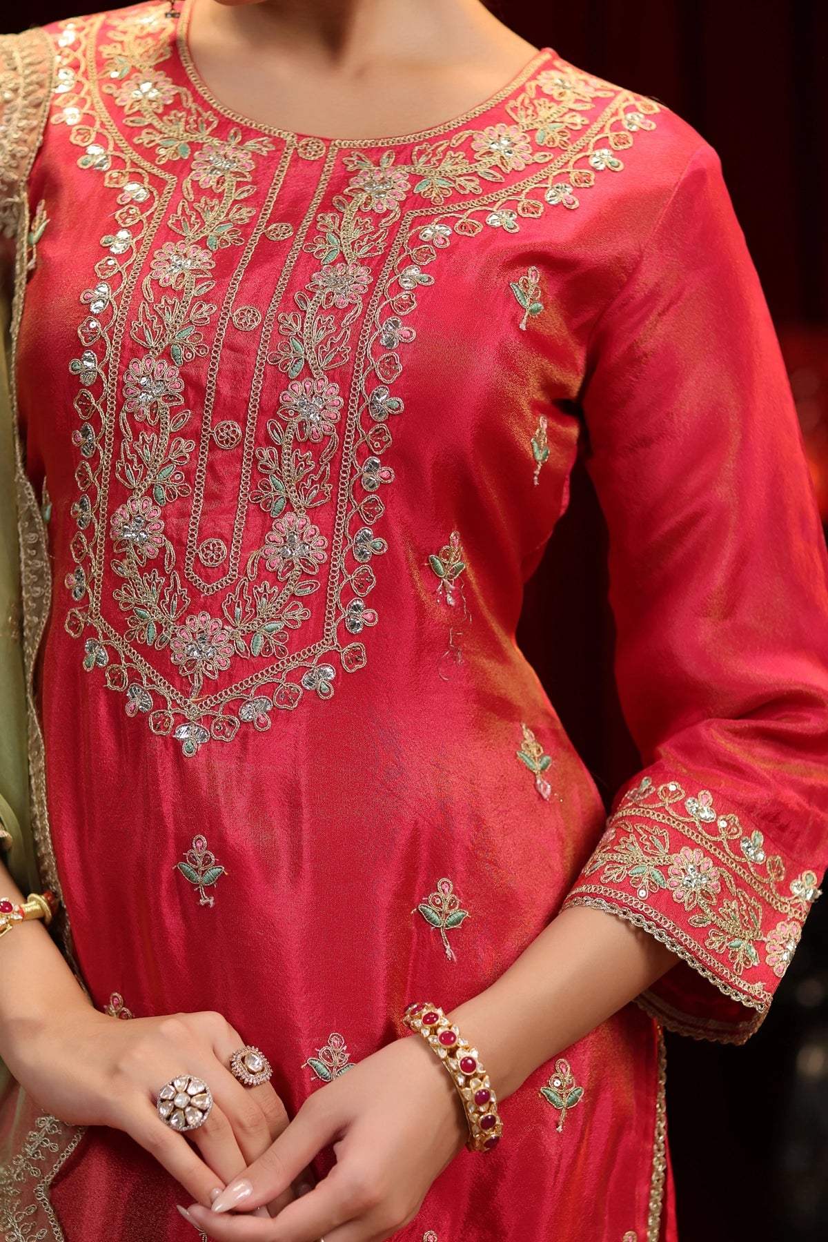 Fuchsia & Sage Green Embroidered Shimmer Organza Kurta Sharara Set 