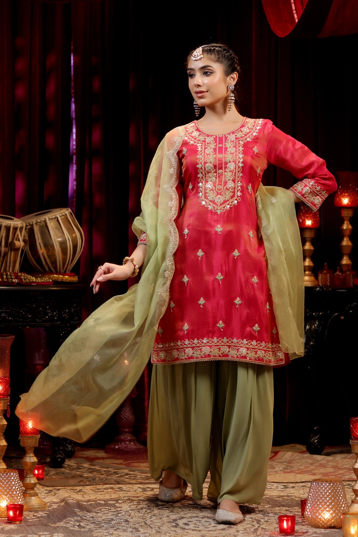 Fuchsia & Sage Green Embroidered Shimmer Organza Kurta Sharara Set 