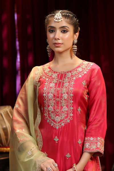 Fuchsia & Sage Green Embroidered Shimmer Organza Kurta Sharara Set Fuchsia & Sage Green Embroidered Shimmer Organza Kurta Sharara Set 