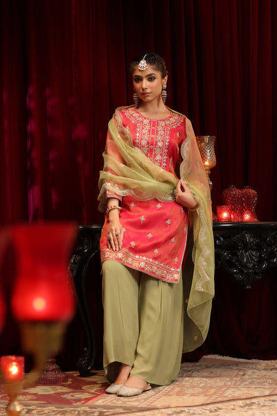 Fuchsia & Sage Green Embroidered Shimmer Organza Kurta Sharara Set Fuchsia & Sage Green Embroidered Shimmer Organza Kurta Sharara Set 