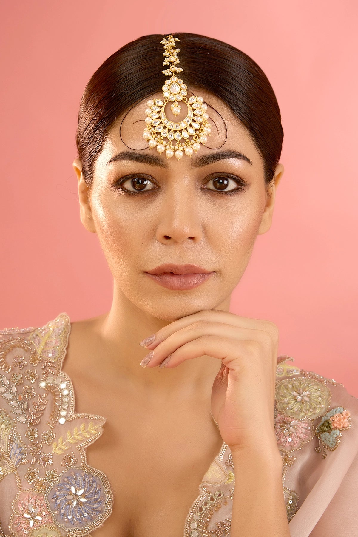 Buy Gold Finish Kundan Polki & Pearl Maangtikka at PinkPhulkari