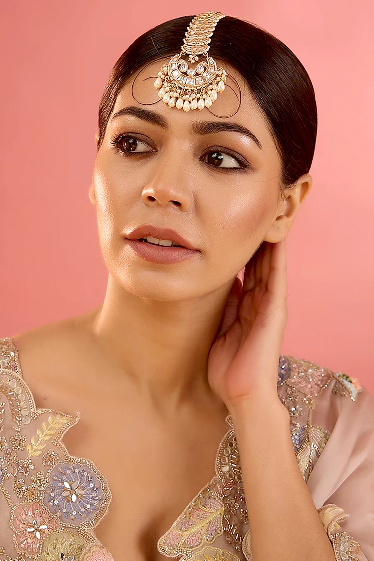 Buy Gold Finish Kundan Polki & Pearl Maangtikka at PinkPhulkari
