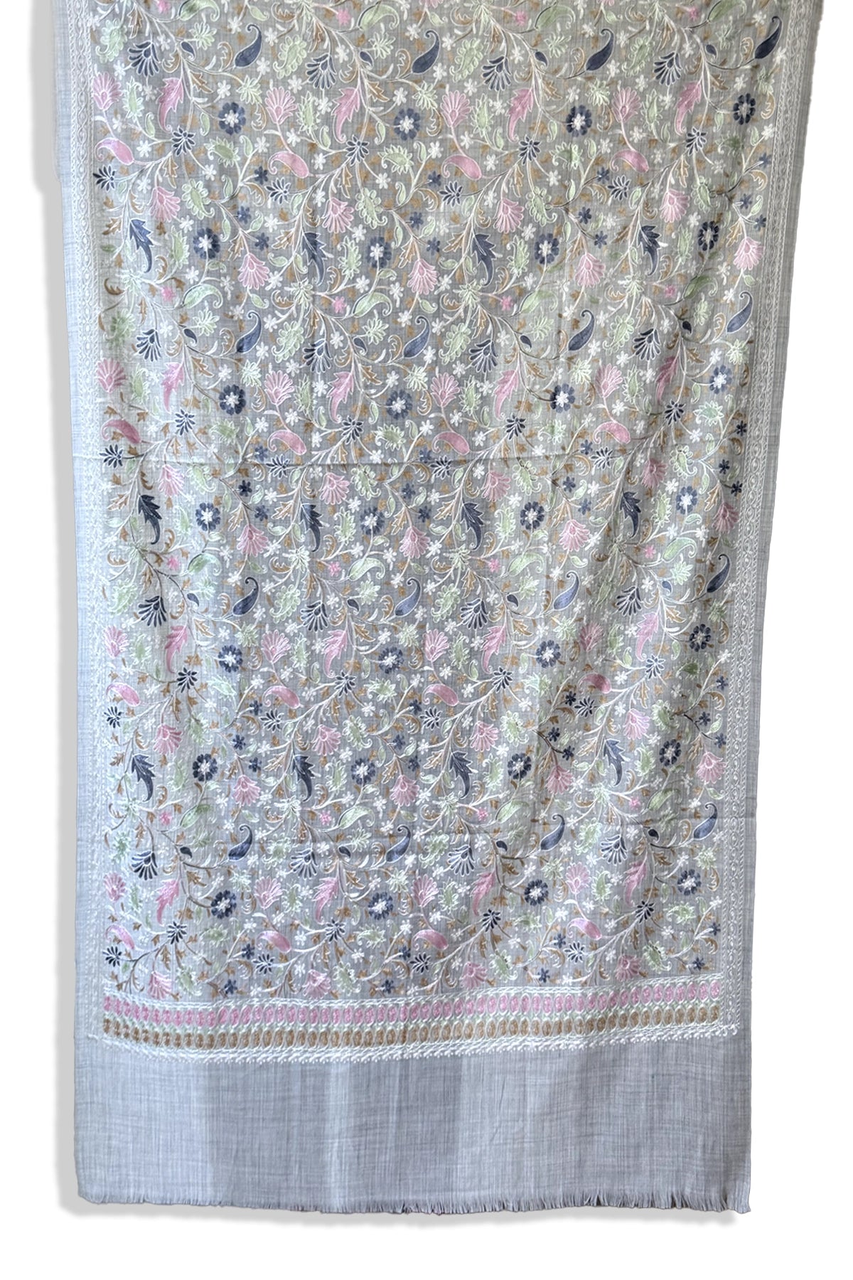 Embroidered shawl with floral kashmiri work on a gray background