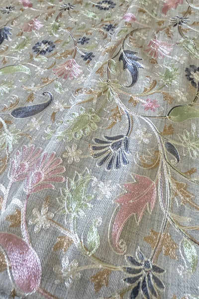 Embroidered shawl with floral kashmiri work on a gray backgroundEmbroidered shawl with floral kashmiri work on a gray background