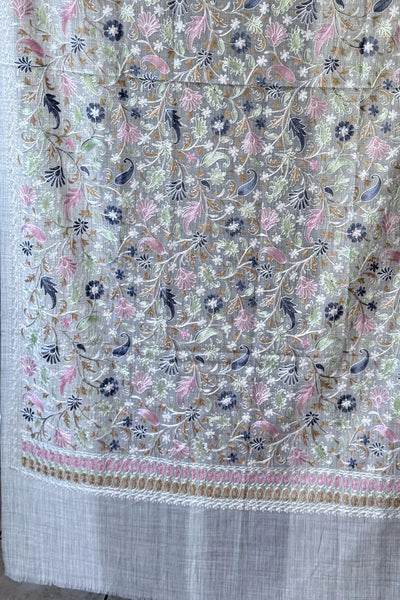 Embroidered shawl with floral kashmiri work on a gray backgroundEmbroidered shawl with floral kashmiri work on a gray background
