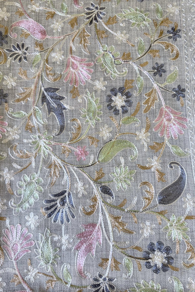Embroidered shawl with floral kashmiri work on a gray backgroundEmbroidered shawl with floral kashmiri work on a gray background