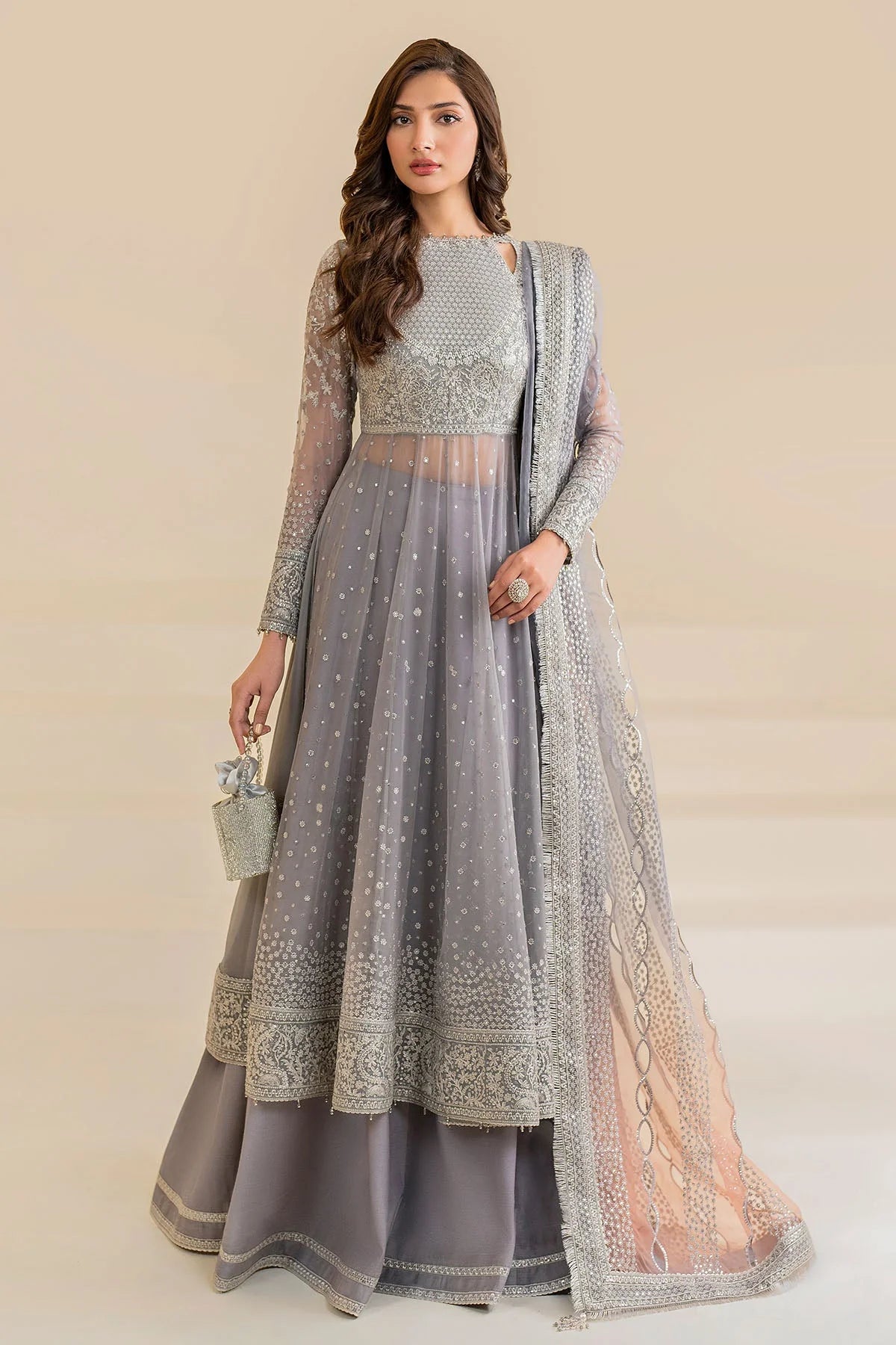 Buy Gray Embroidered Chiffon Anarkali Suit at PinkPhulkari California