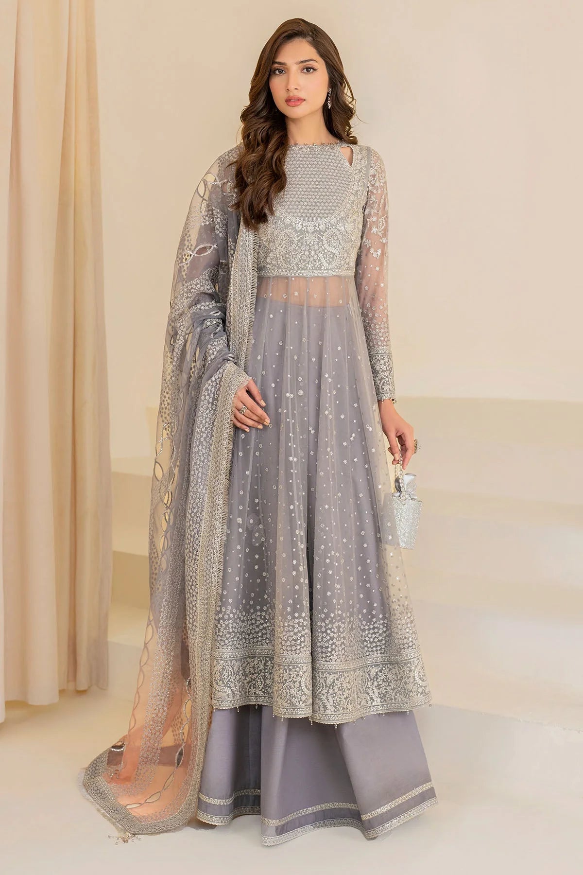 Buy Gray Embroidered Chiffon Anarkali Suit at PinkPhulkari California