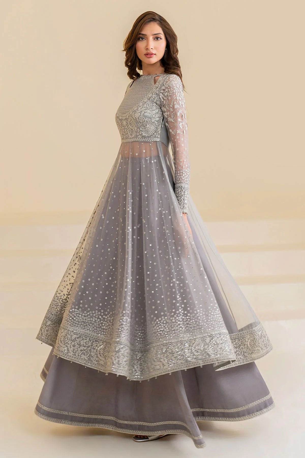 Buy Gray Embroidered Chiffon Anarkali Suit at PinkPhulkari California