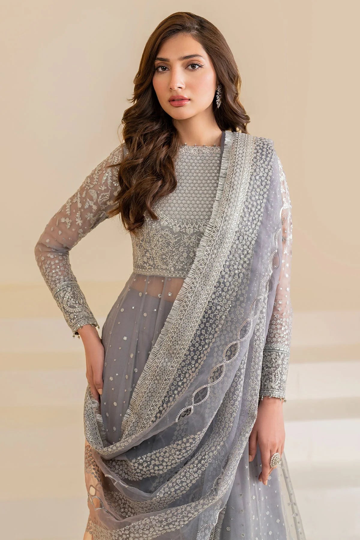 Buy Gray Embroidered Chiffon Anarkali Suit at PinkPhulkari California