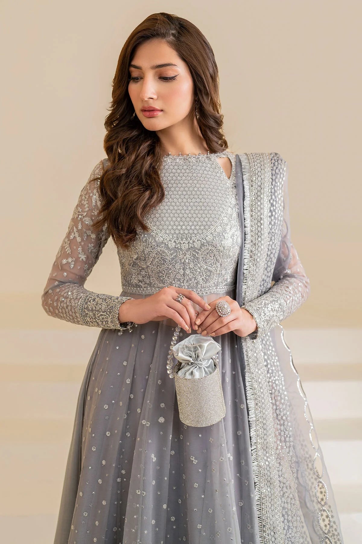 Buy Gray Embroidered Chiffon Anarkali Suit at PinkPhulkari California