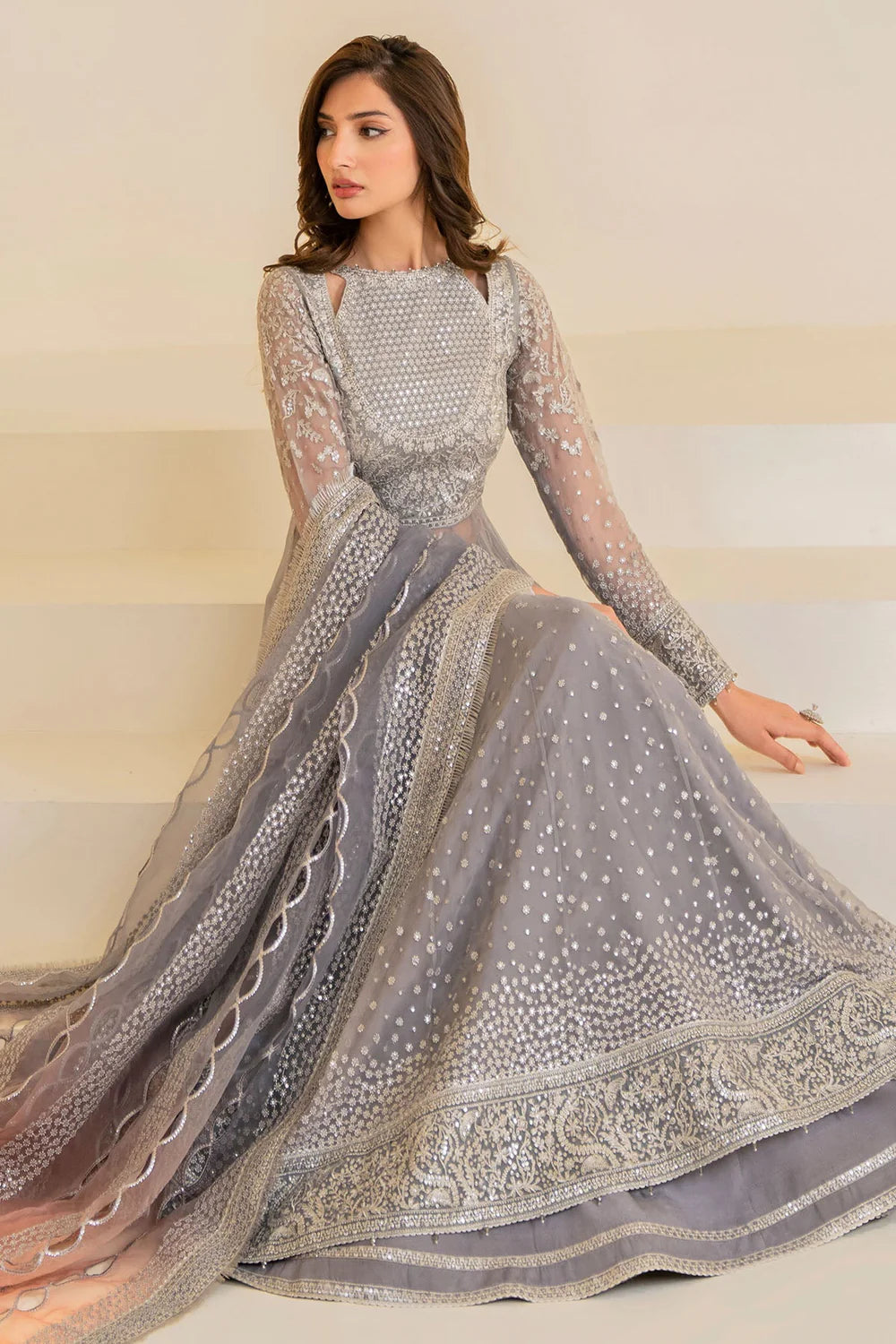 Buy Gray Embroidered Chiffon Anarkali Suit at PinkPhulkari California