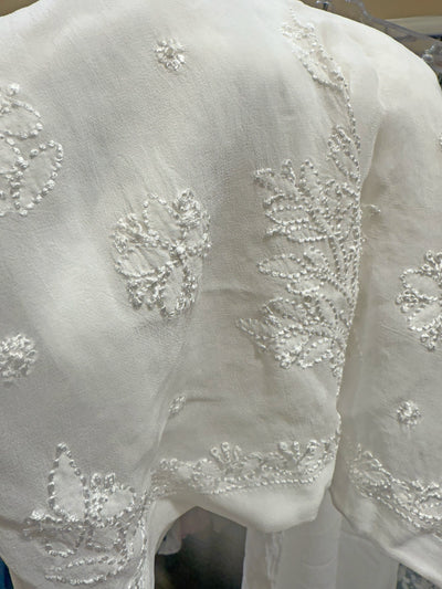 Close-up of white lucknowi palazzo with intricate chikankari workClose-up of white lucknowi palazzo with intricate chikankari work