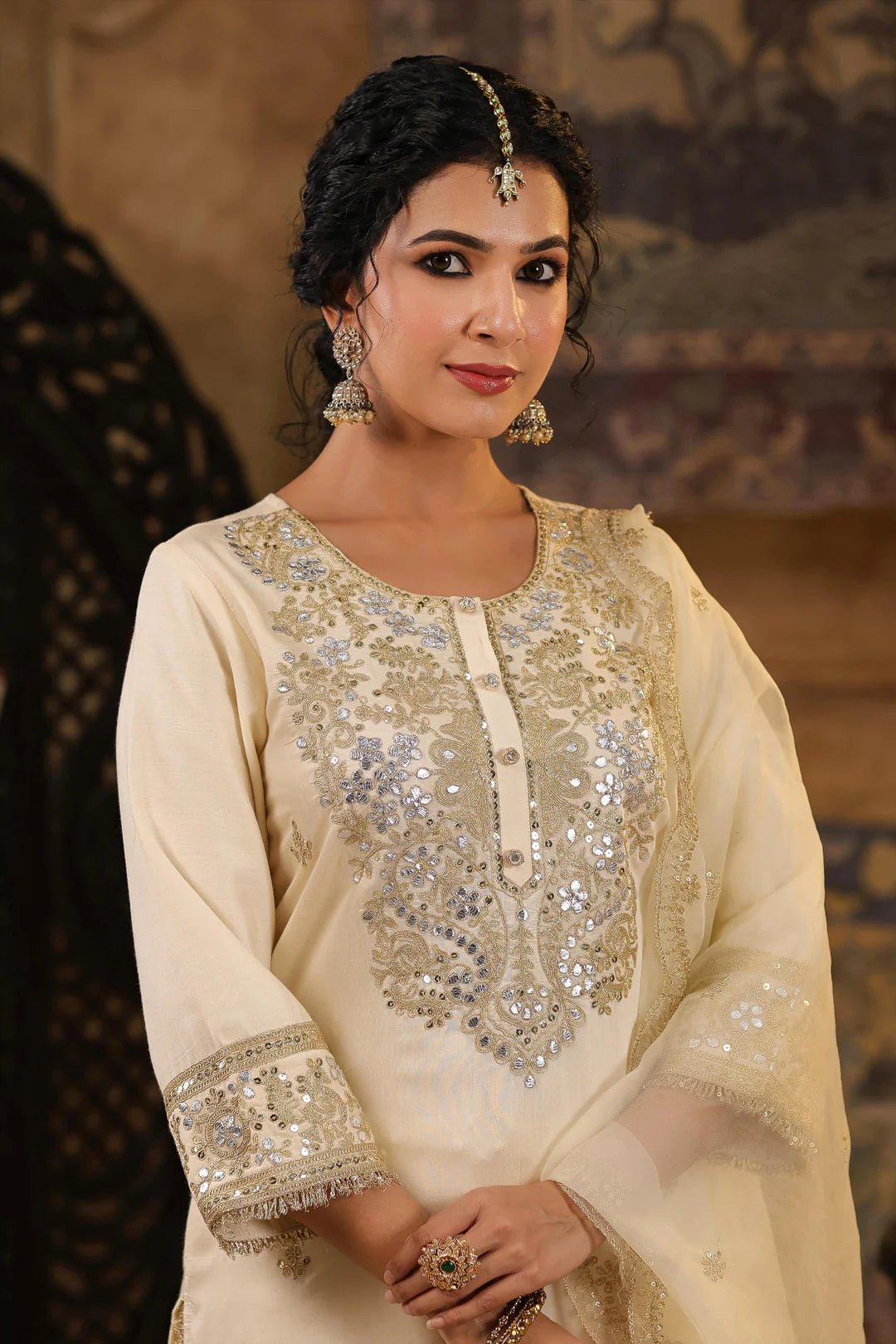 Ivory Embroidered Chanderi Silk Gota Work Kurta Salwar Set