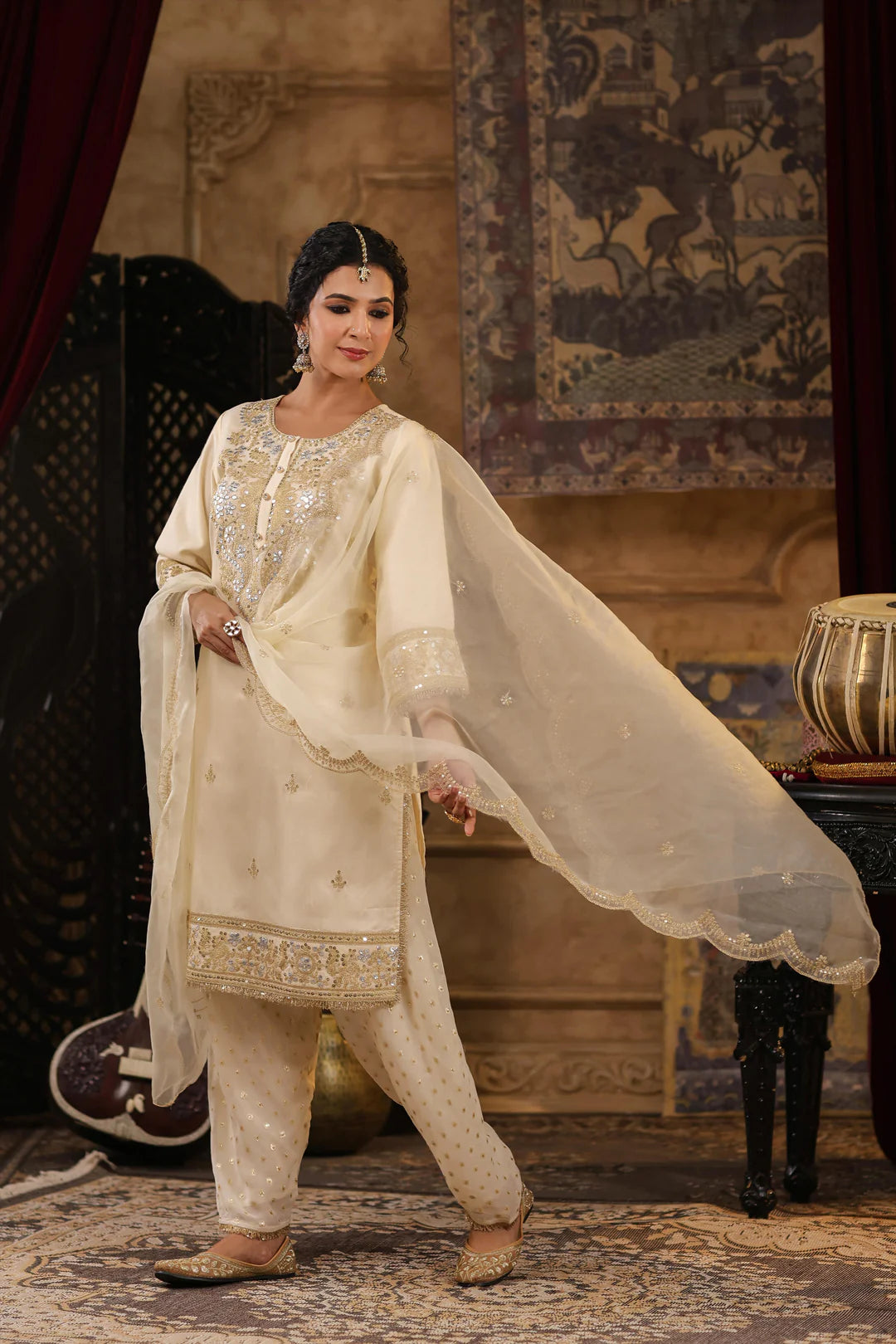 Ivory Embroidered Chanderi Silk Gota Work Kurta Salwar Set