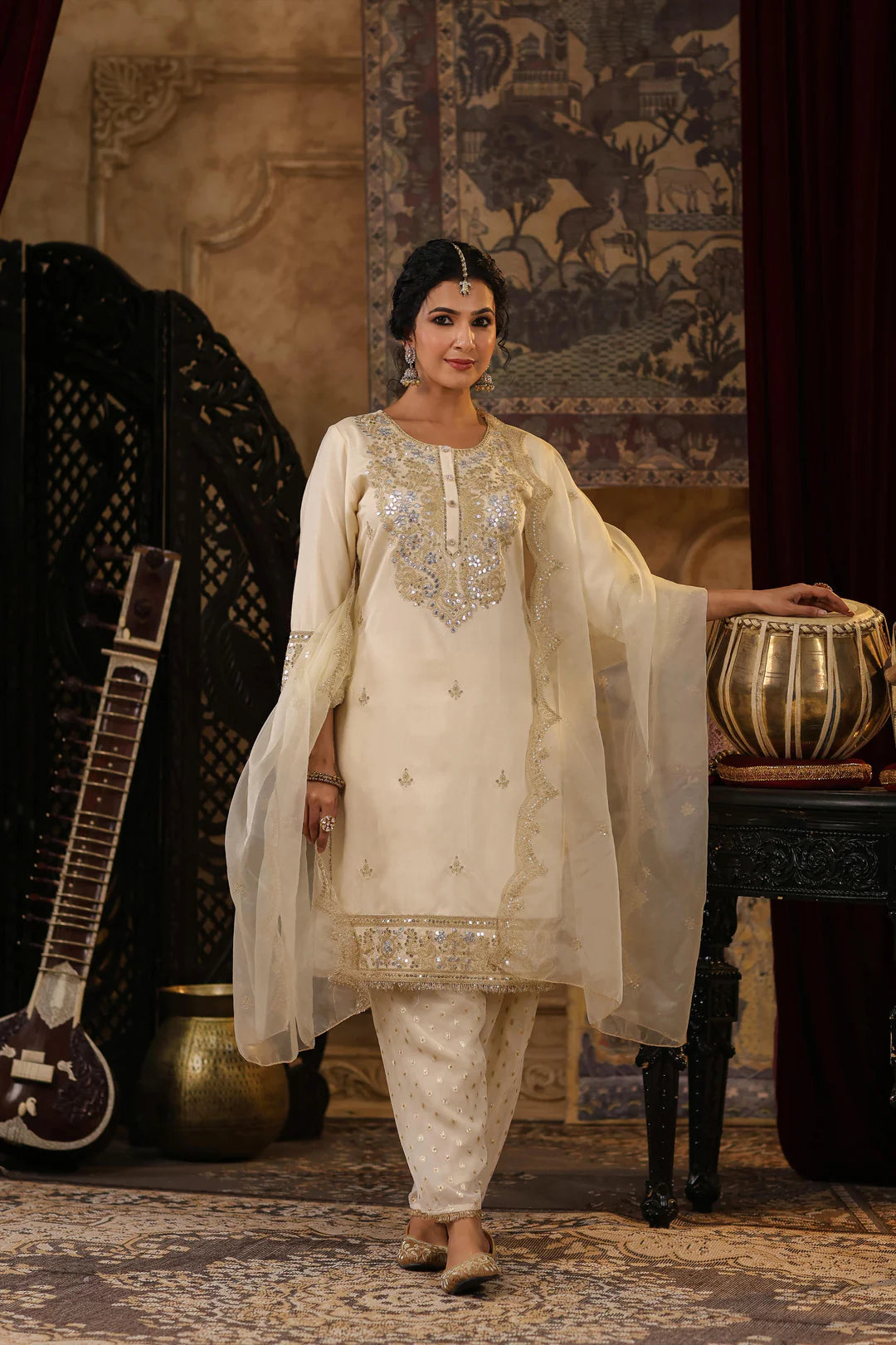 Ivory Embroidered Chanderi Silk Gota Work Kurta Salwar Set