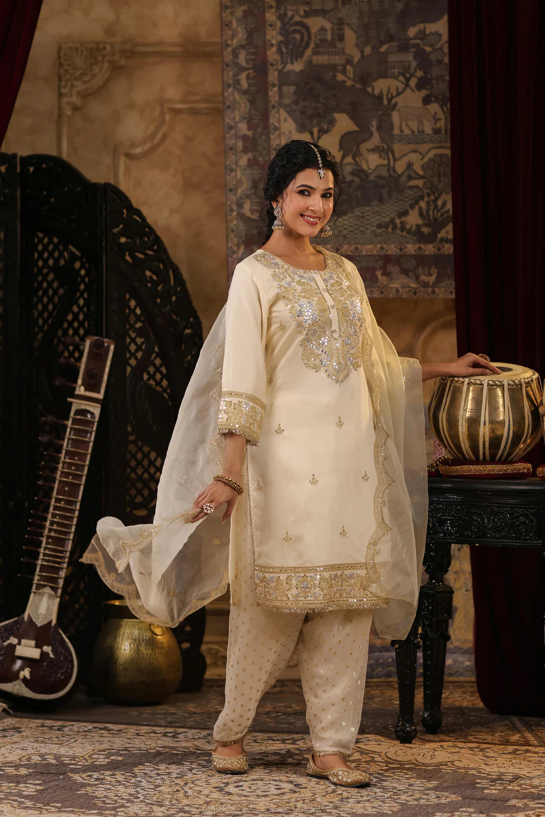 Ivory Embroidered Chanderi Silk Gota Work Kurta Salwar Set