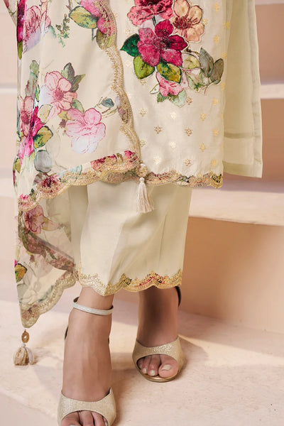 Buy Women's Cream Dola Silk Kurta Set with Floral Print Dupatta Buy Women's Cream Dola Silk Kurta Set with Floral Print Dupatta 