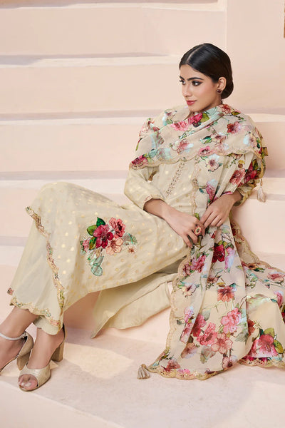 Buy Women's Cream Dola Silk Kurta Set with Floral Print Dupatta Buy Women's Cream Dola Silk Kurta Set with Floral Print Dupatta 