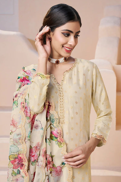 Buy Women's Cream Dola Silk Kurta Set with Floral Print Dupatta Buy Women's Cream Dola Silk Kurta Set with Floral Print Dupatta 