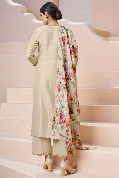 Buy Women's Cream Dola Silk Kurta Set with Floral Print Dupatta Buy Women's Cream Dola Silk Kurta Set with Floral Print Dupatta 