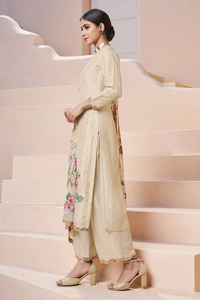 Buy Women's Cream Dola Silk Kurta Set with Floral Print Dupatta Buy Women's Cream Dola Silk Kurta Set with Floral Print Dupatta 