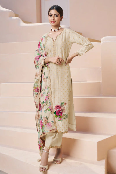 Buy Women's Cream Dola Silk Kurta Set with Floral Print Dupatta 