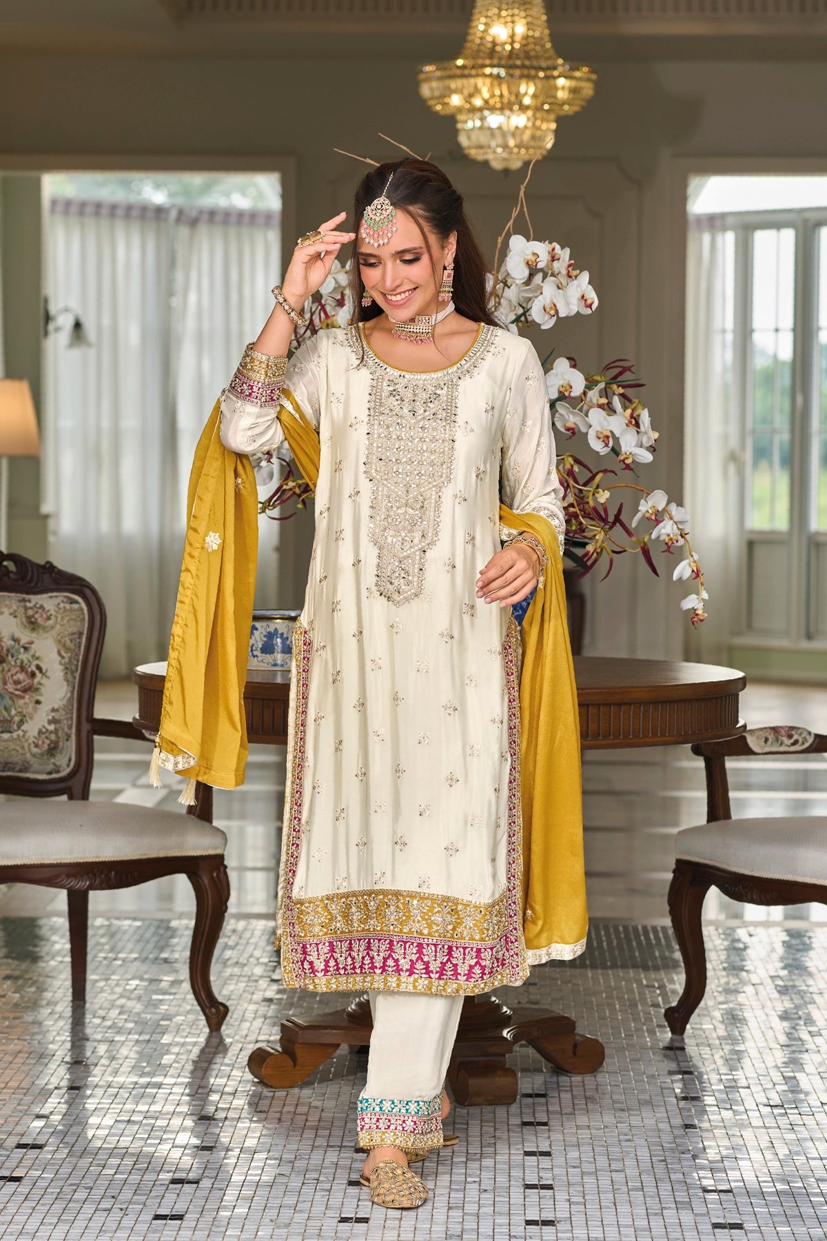 Buy Ivory Embroidery Silk Party Wear Suit at PinkPhulkari California