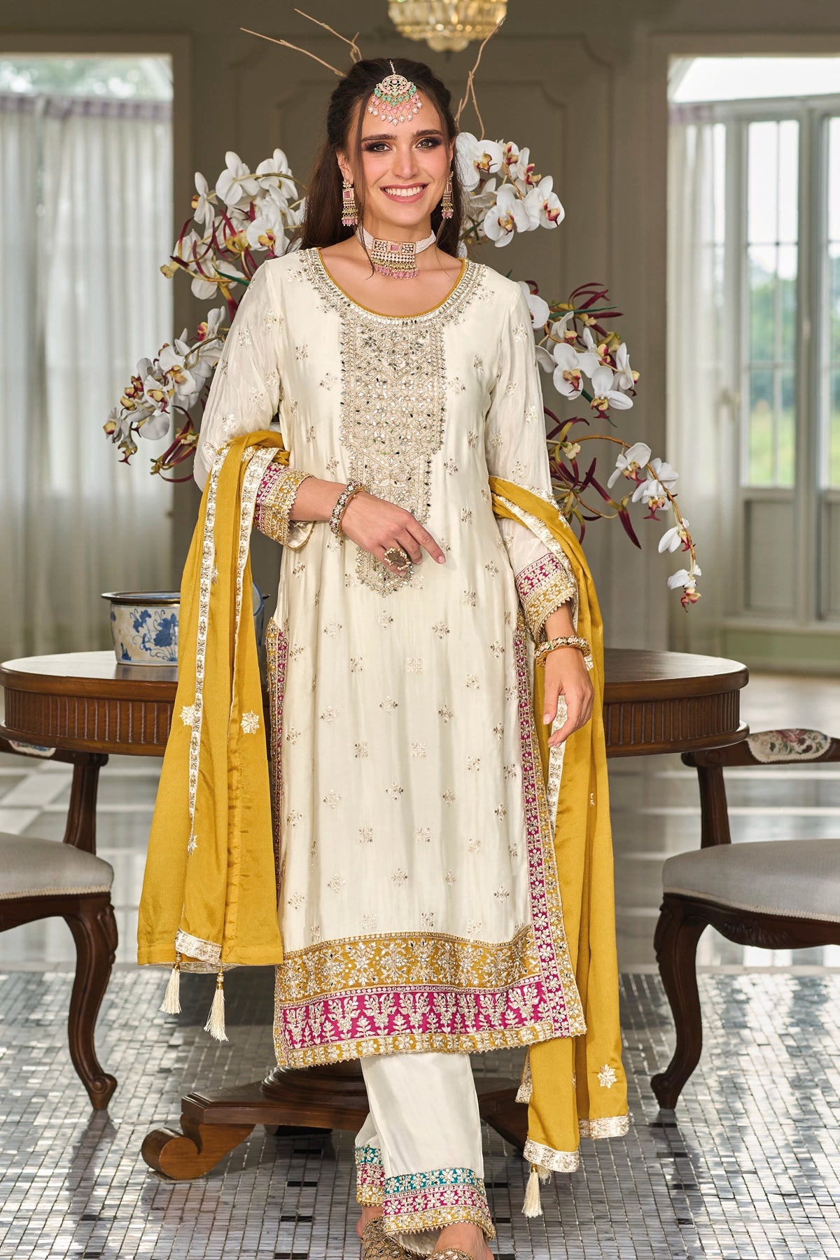 Buy Ivory Embroidery Silk Party Wear Suit at PinkPhulkari California