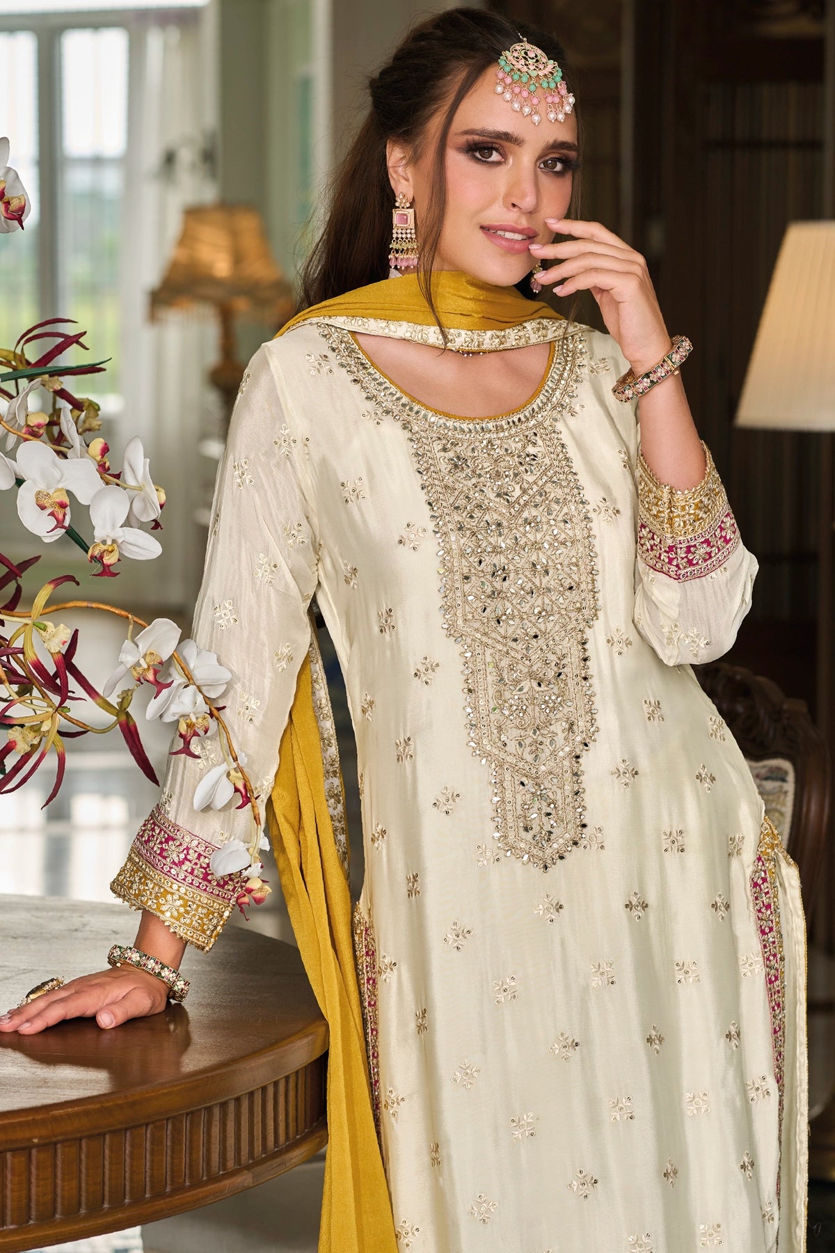 Buy Ivory Embroidery Silk Party Wear Suit at PinkPhulkari California