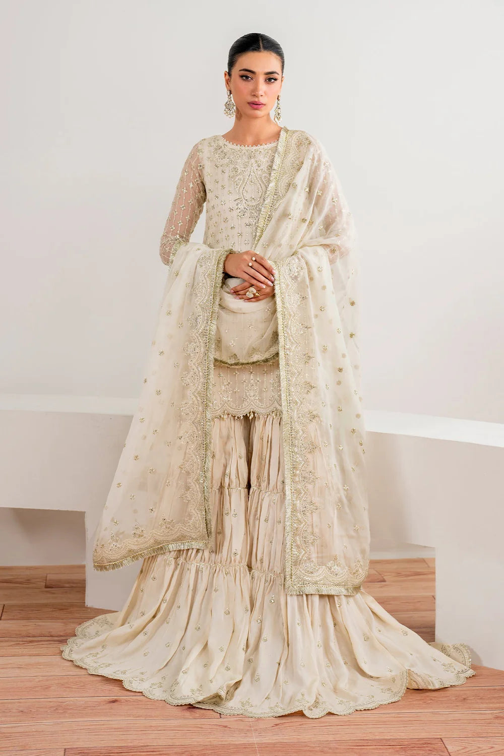 Ivory Chiffon Silk Embroidered Kurta With Pleated Gharara Set