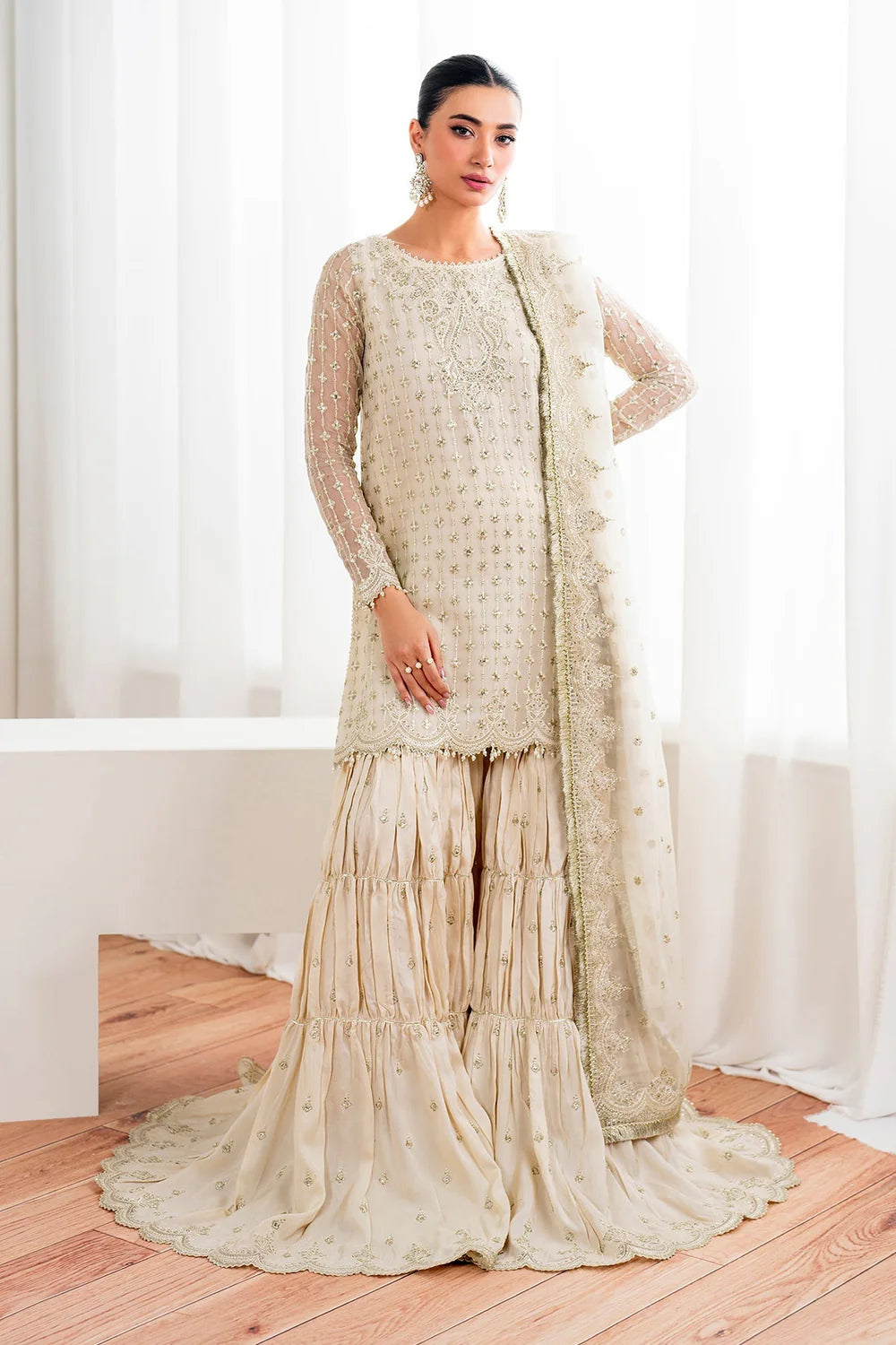 Ivory Chiffon Silk Embroidered Kurta With Pleated Gharara Set